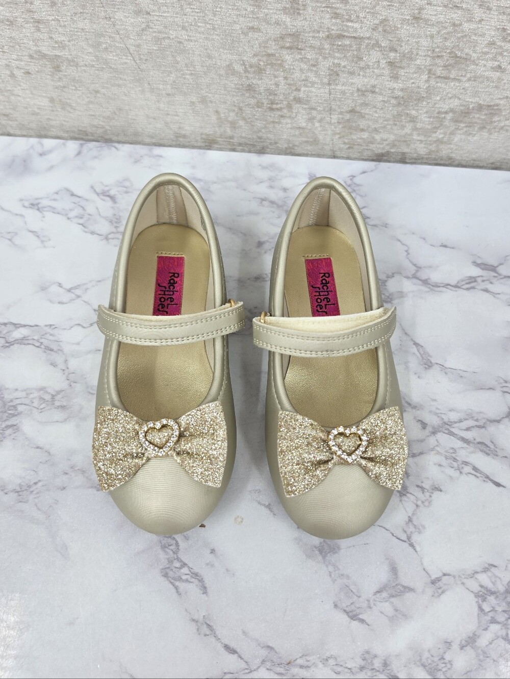 Rachel Shoes Gold Glitter Bow Mary Janes Ballet Flats Rhinestone Hearts